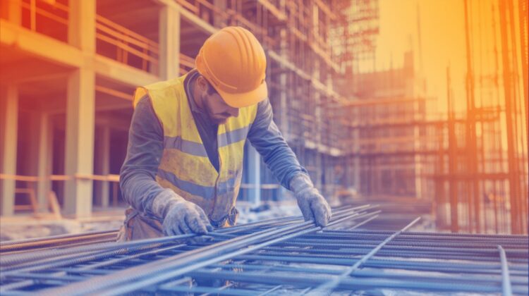 Bouwvakker werkt met wapeningsstaal op bouwplaats